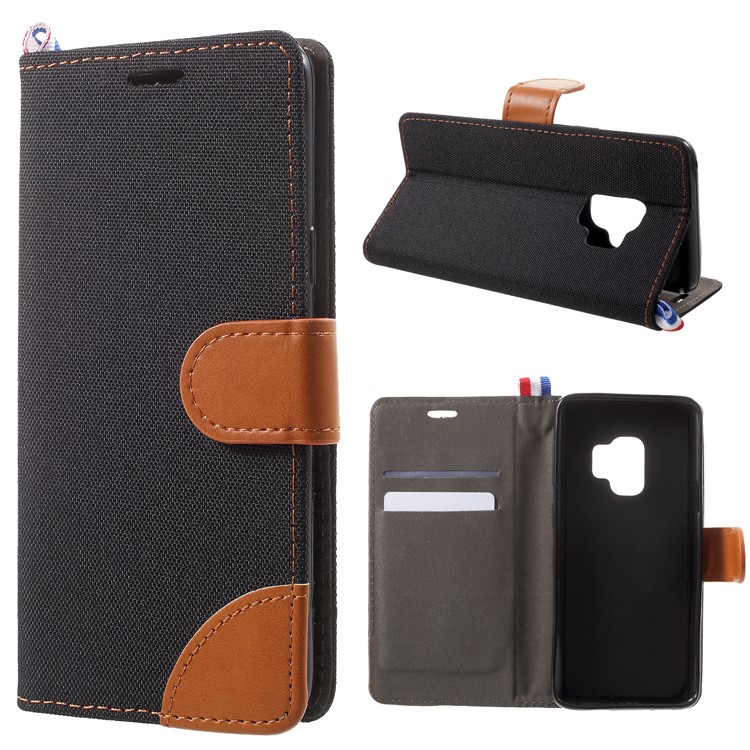 Jeans Cloth Card Holder Stand Leather Mobile Case for Samsung Galaxy S9 - Black-1