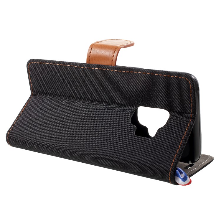 Jeans Cloth Card Holder Stand Leather Mobile Case for Samsung Galaxy S9 - Black-4