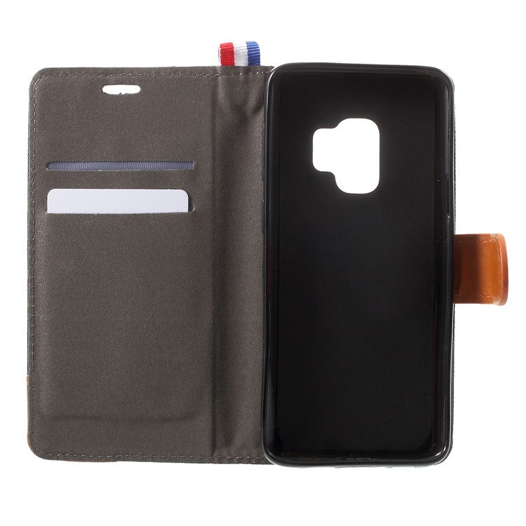 Jeans Cloth Card Holder Stand Leather Mobile Case for Samsung Galaxy S9 - Black-5