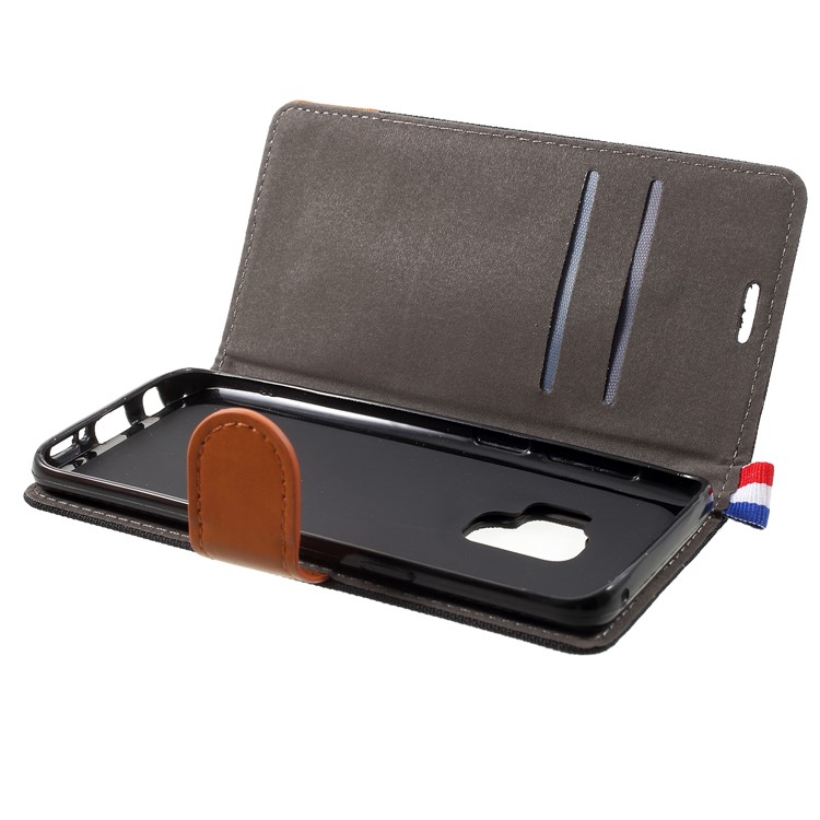 Jeans Cloth Card Holder Stand Leather Mobile Case for Samsung Galaxy S9 - Black-6