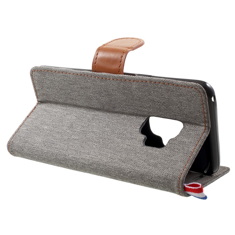 Jeans Cloth Card Holder Stand Leather Mobile Cover for Samsung Galaxy S9 - Grey-4
