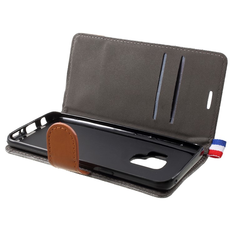 Jeans Cloth Card Holder Stand Leather Mobile Cover for Samsung Galaxy S9 - Grey-5