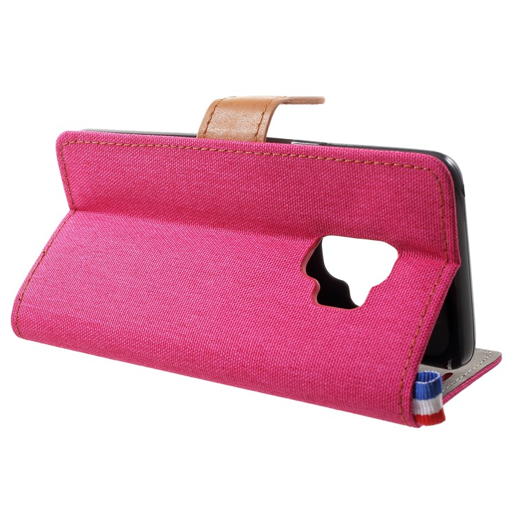 Jeans Cloth Card Holder Stand Leather Mobile Shell for Samsung Galaxy S9 - Rose-4