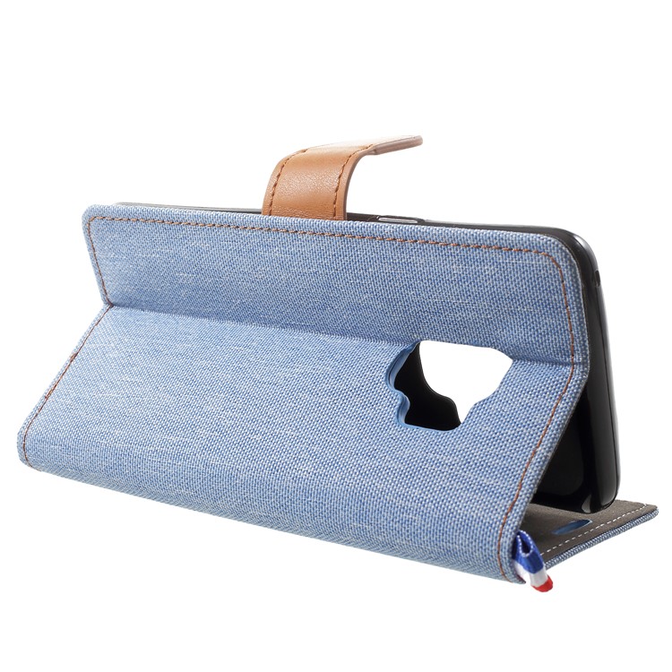 Jeans Cloth Card Holder Stand Leather Cellphone Case for Samsung Galaxy S9 - Baby Blue-4