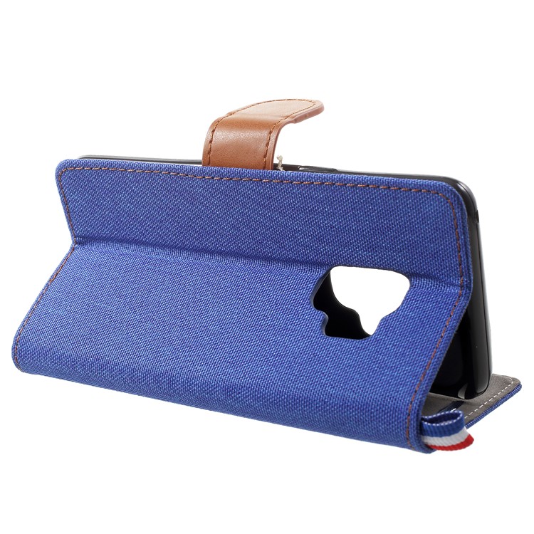 Jeans Cloth Card Holder Stand Leather Case Accessory for Samsung Galaxy S9 - Dark Blue-4