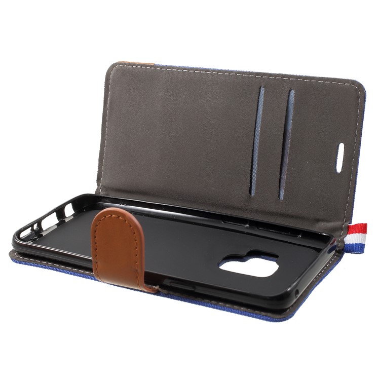 Jeans Cloth Card Holder Stand Leather Case Accessory for Samsung Galaxy S9 - Dark Blue-5