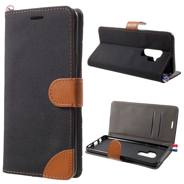 Jeans Cloth Texture Card Holder Stand Leather Case for Samsung Galaxy S9 Plus - Black-1