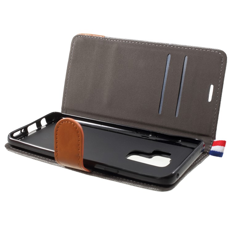 Jeans Cloth Texture Card Holder Stand Leather Cover for Samsung Galaxy S9 Plus - Grey-5