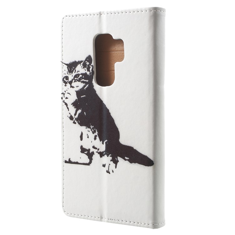 Pattern Printing Leather Wallet Stand Cover for Samsung Galaxy S9 Plus - Black and White Cat-3