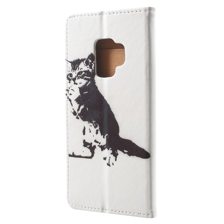 Pattern Printing Leather Wallet Stand Mobile Phone Shell for Samsung Galaxy S9 - Black and White Cat-3