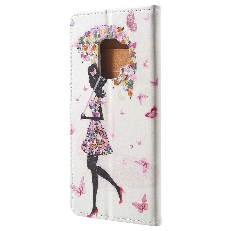 Pattern Printing Leather Wallet Stand Protective Case for Samsung Galaxy S9 - Flower Girl Holding Umbrella-3