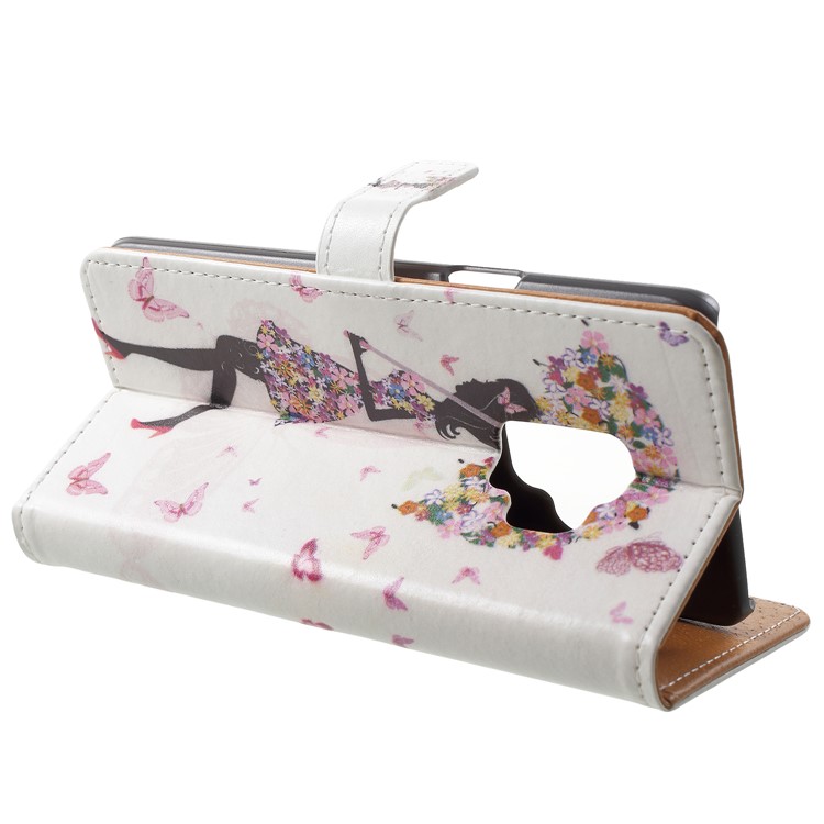 Pattern Printing Leather Wallet Stand Protective Case for Samsung Galaxy S9 - Flower Girl Holding Umbrella-4