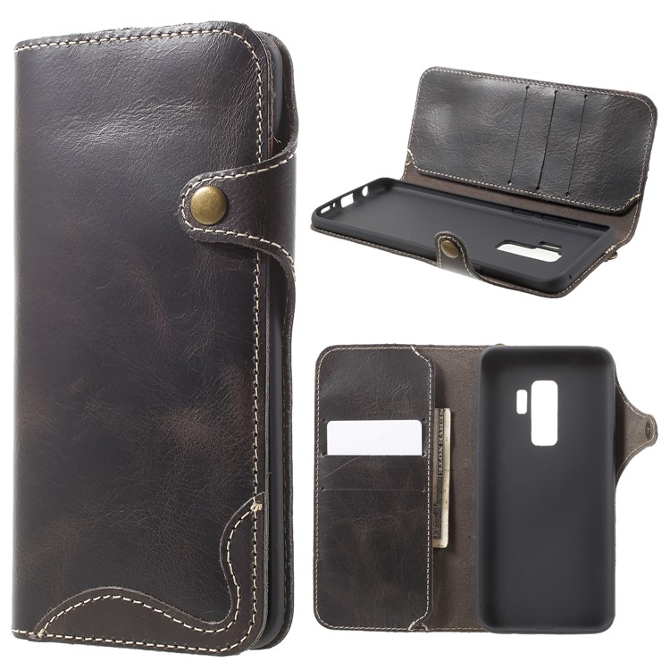 Button Closure Oil Wax Genuine Leather Wallet Flip Case with Lanyard for Samsung Galaxy S9 Plus - Black-1