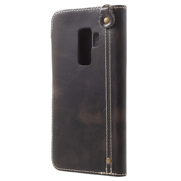 Button Closure Oil Wax Genuine Leather Wallet Flip Case with Lanyard for Samsung Galaxy S9 Plus - Black-3
