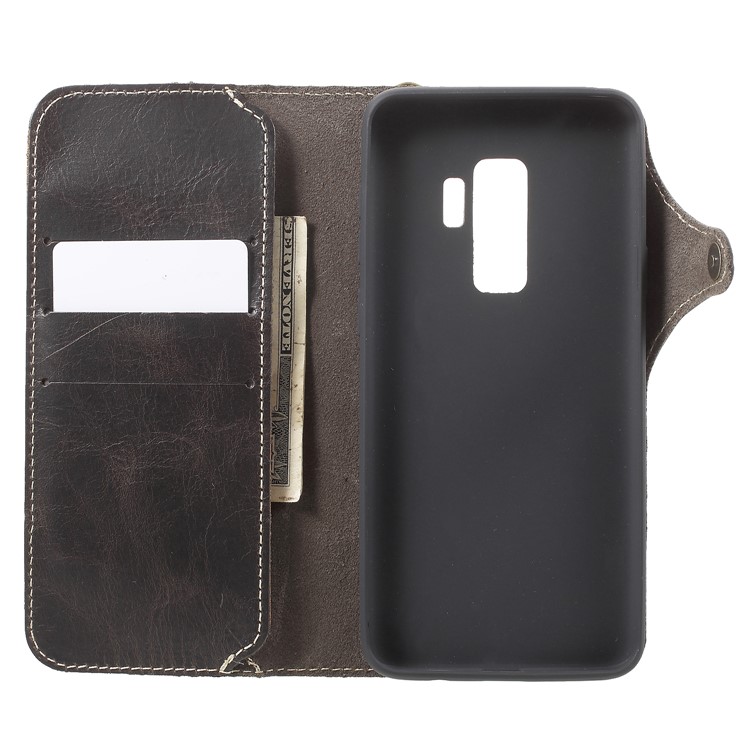 Button Closure Oil Wax Genuine Leather Wallet Flip Case with Lanyard for Samsung Galaxy S9 Plus - Black-4