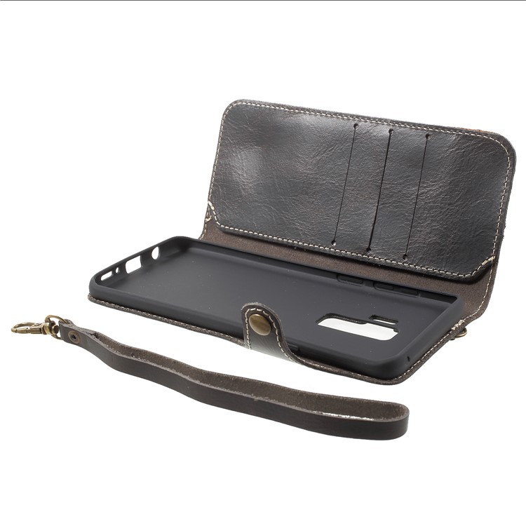 Button Closure Oil Wax Genuine Leather Wallet Flip Case with Lanyard for Samsung Galaxy S9 Plus - Black-5