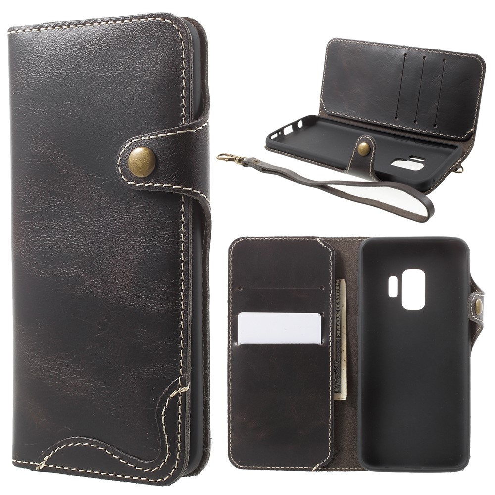 Retro Style Oil Wax Genuine Leather Stand Wallet Casing for Samsung Galaxy S9 G960 - Black-1