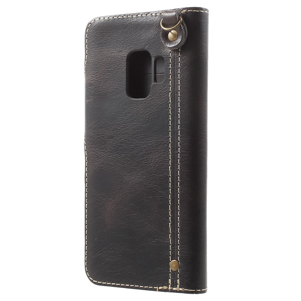 Retro Style Oil Wax Genuine Leather Stand Wallet Casing for Samsung Galaxy S9 G960 - Black-3