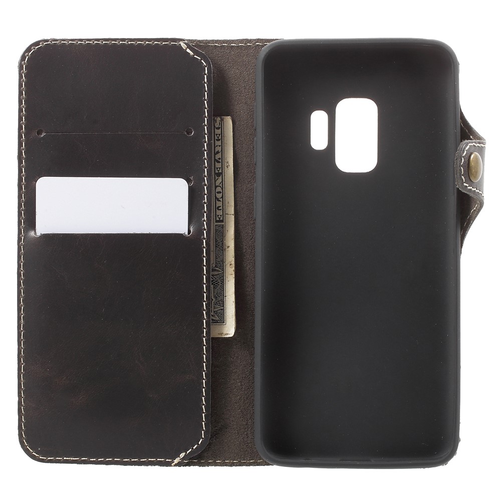 Retro Style Oil Wax Genuine Leather Stand Wallet Casing for Samsung Galaxy S9 G960 - Black-5