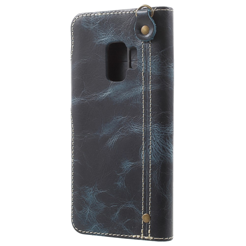 Retro Style Oil Wax Genuine Leather Stand Wallet Case for Samsung Galaxy S9 G960 - Blue-3