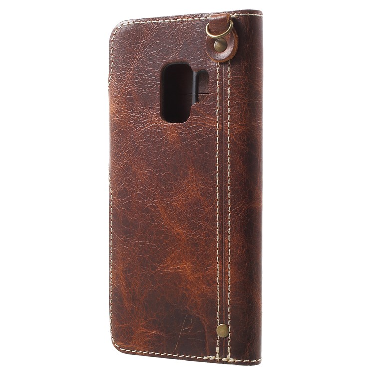 Retro Style Oil Wax Genuine Leather Stand Wallet Shell for Samsung Galaxy S9 G960 - Brown-3