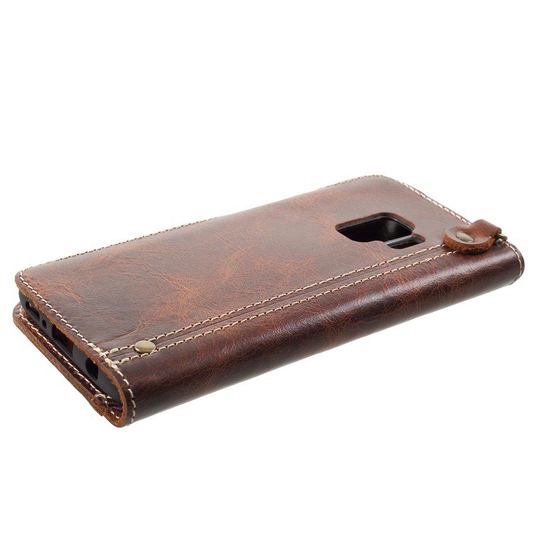 Retro Style Oil Wax Genuine Leather Stand Wallet Shell for Samsung Galaxy S9 G960 - Brown-4