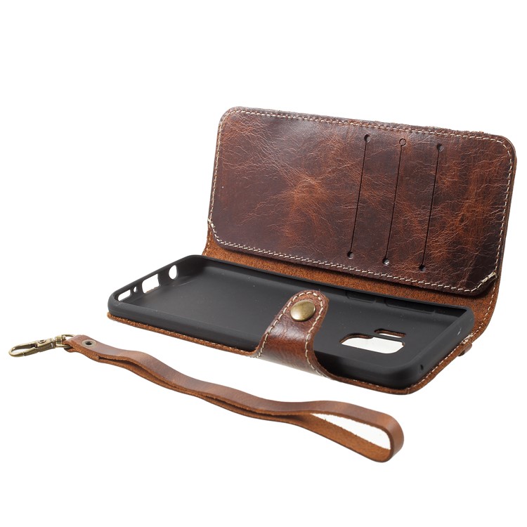 Retro Style Oil Wax Genuine Leather Stand Wallet Shell for Samsung Galaxy S9 G960 - Brown-5