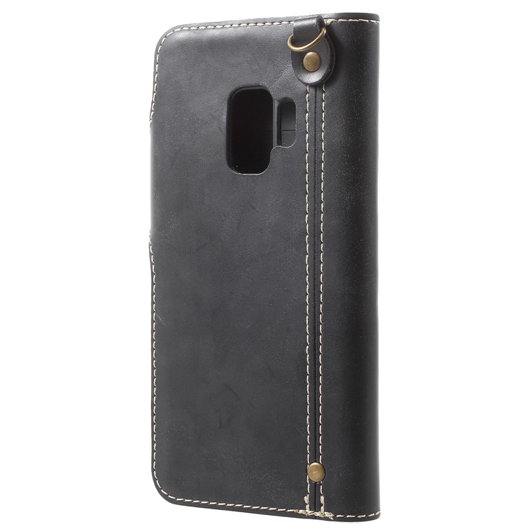 Button Closure PU Leather Wallet Folio Case with Lanyard for Samsung Galaxy S9 - Black-3