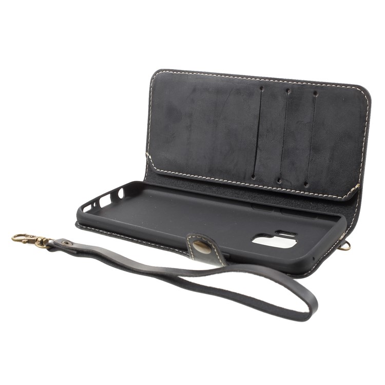Button Closure PU Leather Wallet Folio Case with Lanyard for Samsung Galaxy S9 - Black-6