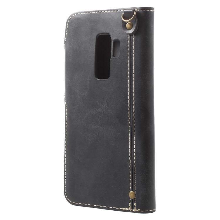 Button Closure PU Leather Wallet Folio Case with Lanyard for Samsung Galaxy S9+ - Black-3
