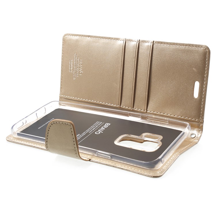 MERCURY GOOSPERY Bravo Diary PU Leather Flip Stand Cell Phone Cover for Samsung Galaxy S9 Plus - Gold-5