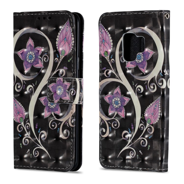 Pattern Printing Phone Leather Wallet Case for Samsung Galaxy S9 G960 - Purple Flowers-2