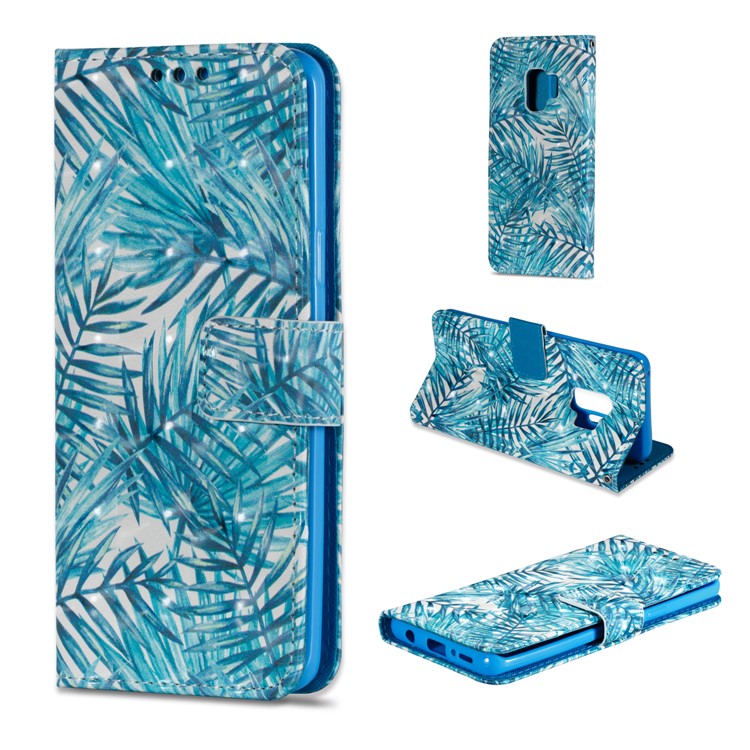 Pattern Printing Leather Wallet Cover for Samsung Galaxy S9 - Blue Leaves-1
