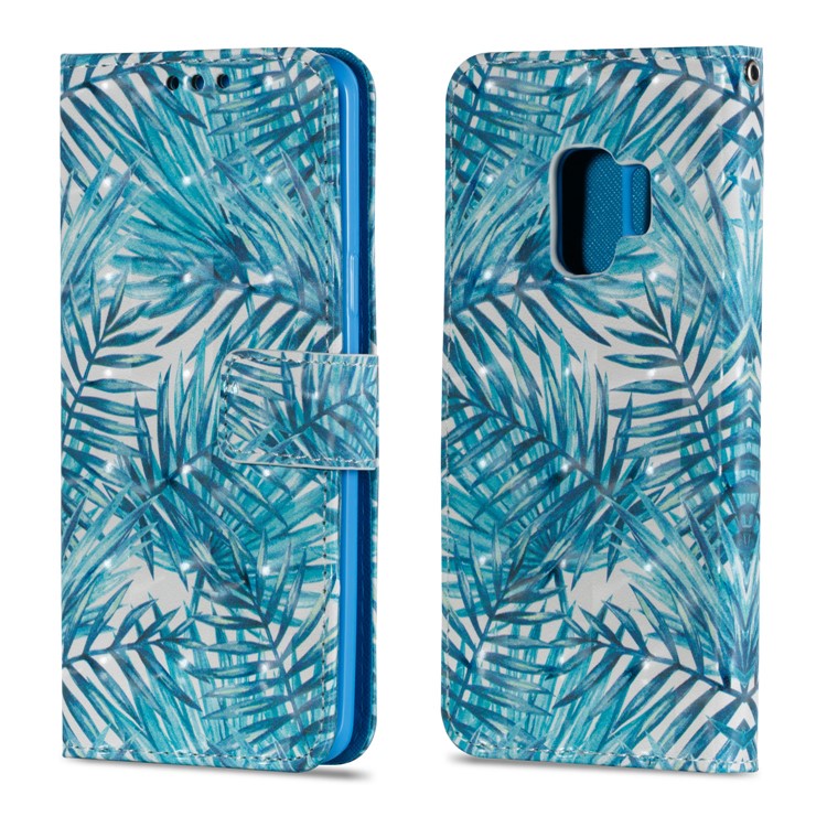 Pattern Printing Leather Wallet Cover for Samsung Galaxy S9 - Blue Leaves-2