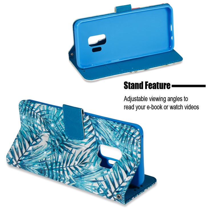 Pattern Printing Leather Wallet Cover for Samsung Galaxy S9 - Blue Leaves-4
