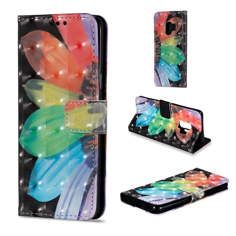 Pattern Printing Leather Wallet Shell Cover Case for Samsung Galaxy S9 - Colorized Flower-1