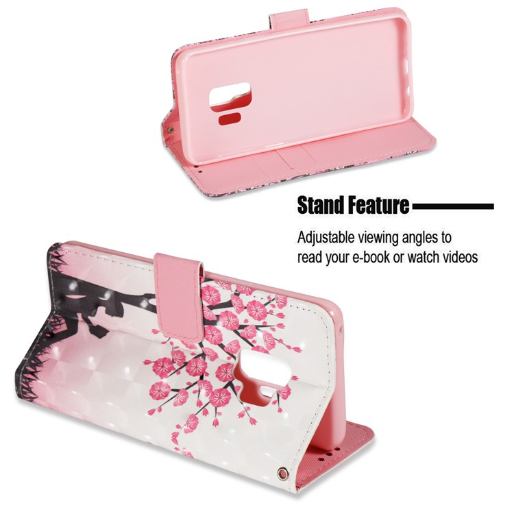 Patterned PU Leather Wallet Stand Casing for Samsung Galaxy S9 - Pretty Flower Tree-4