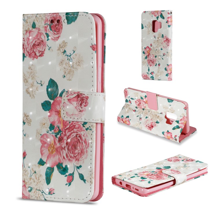 Patterned PU Leather Wallet Stand Cover for Samsung Galaxy S9 - Blooming Peony-1