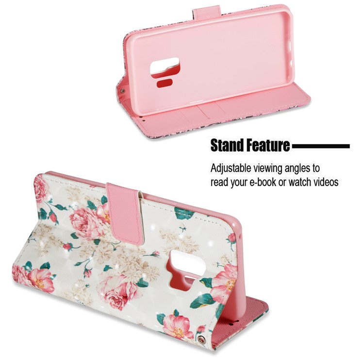 Patterned PU Leather Wallet Stand Cover for Samsung Galaxy S9 - Blooming Peony-4