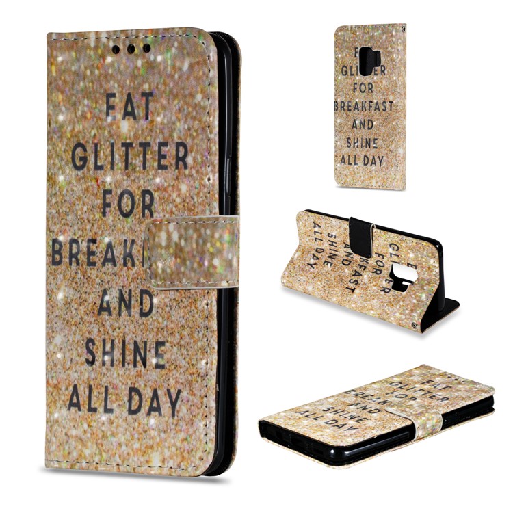 Pattern Printing PU Leather Wallet Cell Phone Case for Samsung Galaxy S9 - Glitter and Quote-1