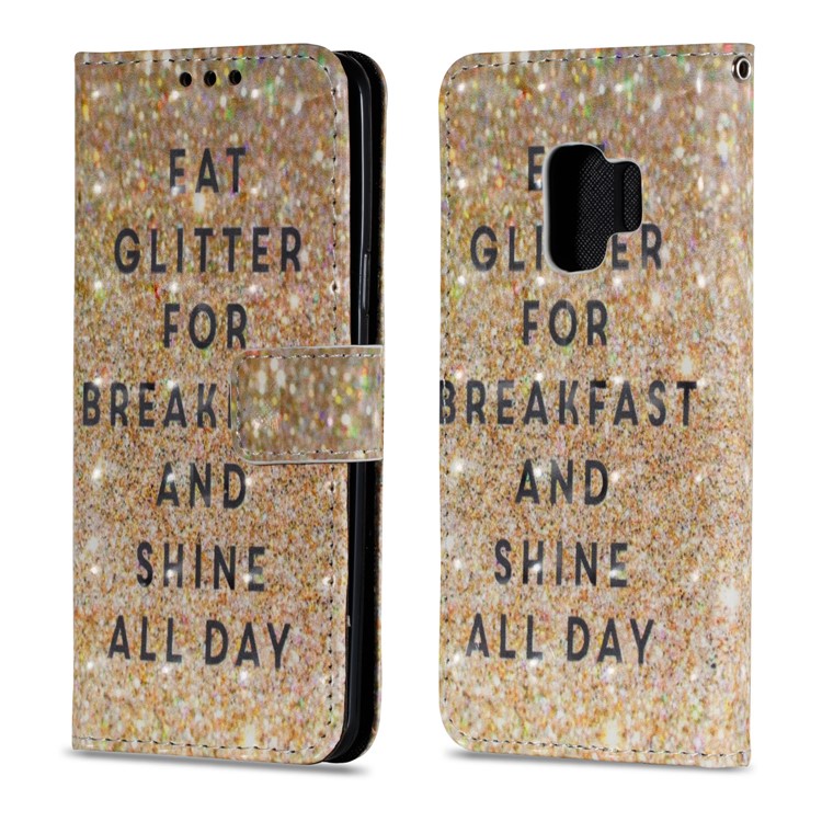Pattern Printing PU Leather Wallet Cell Phone Case for Samsung Galaxy S9 - Glitter and Quote-2