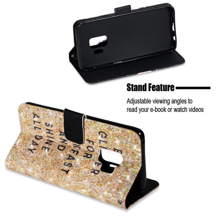 Pattern Printing PU Leather Wallet Cell Phone Case for Samsung Galaxy S9 - Glitter and Quote-4
