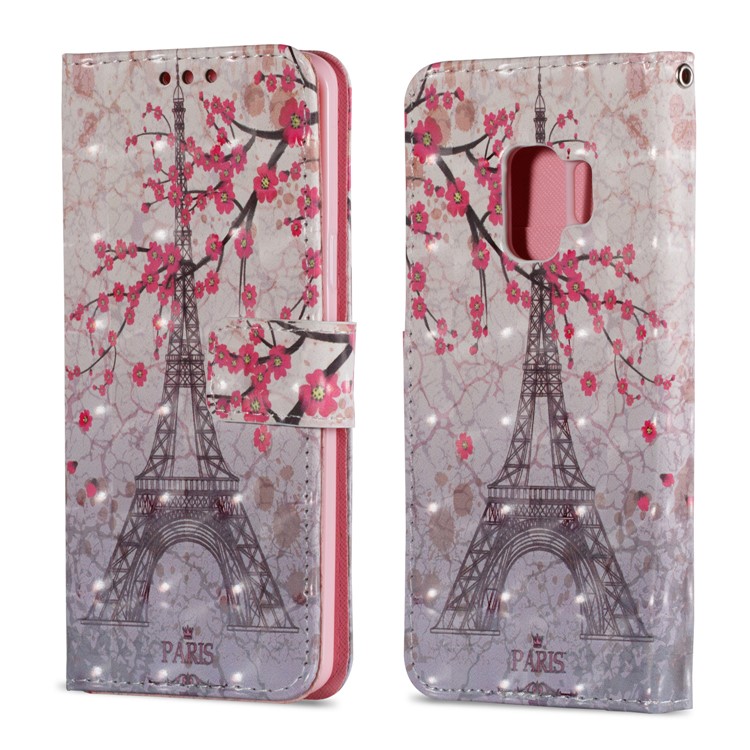 Pattern Printing Leather Wallet Stand Case for Samsung Galaxy S9 - Eiffel Tower and Plum Blossom-2