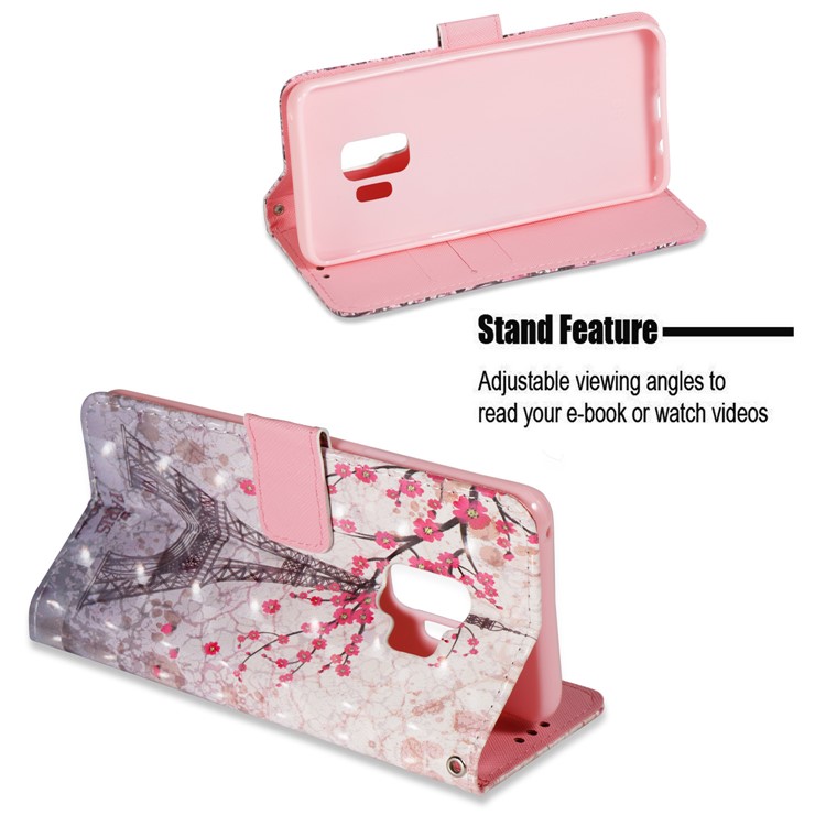 Pattern Printing Leather Wallet Stand Case for Samsung Galaxy S9 - Eiffel Tower and Plum Blossom-4