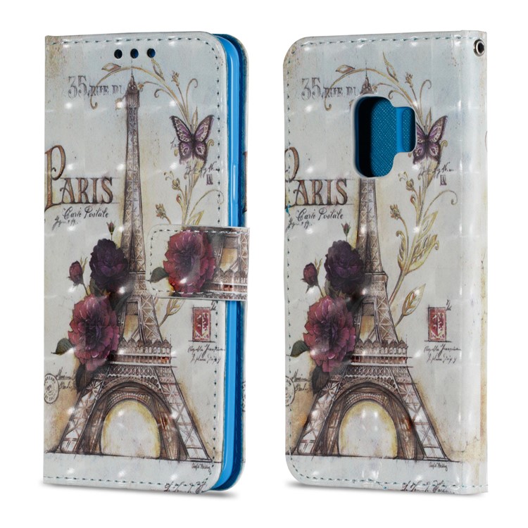Pattern Printing Card Holder Leather Cellphone Case for Samsung Galaxy S9 - Butterfly, Flower and Eiffel Tower-2