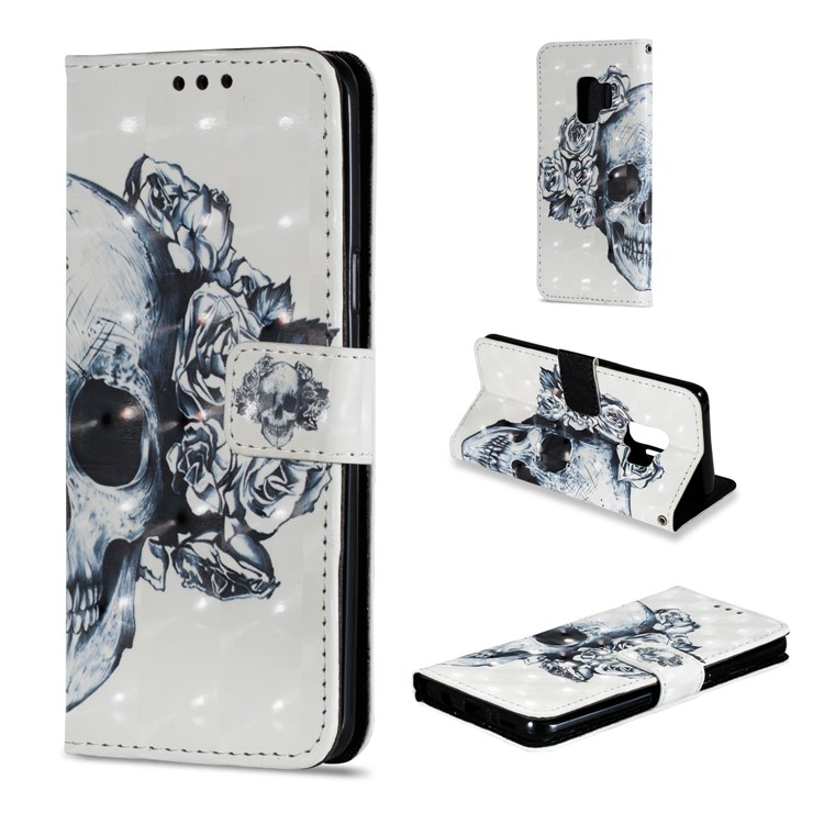 Patterned Protective Leather Phone Cover with Stand for Samsung Galaxy S9 G960 - Skull and Rose-1