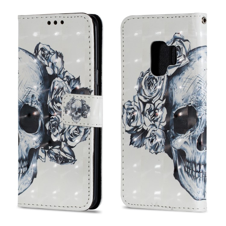 Patterned Protective Leather Phone Cover with Stand for Samsung Galaxy S9 G960 - Skull and Rose-2