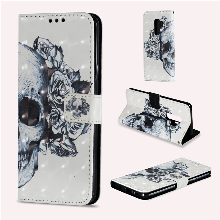Flip Pattern Printing Leather Wallet Stand Case for Samsung Galaxy S9+ G965 - Skull with Rose-1