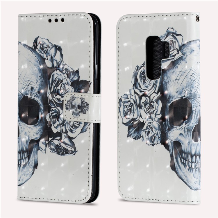 Flip Pattern Printing Leather Wallet Stand Case for Samsung Galaxy S9+ G965 - Skull with Rose-2