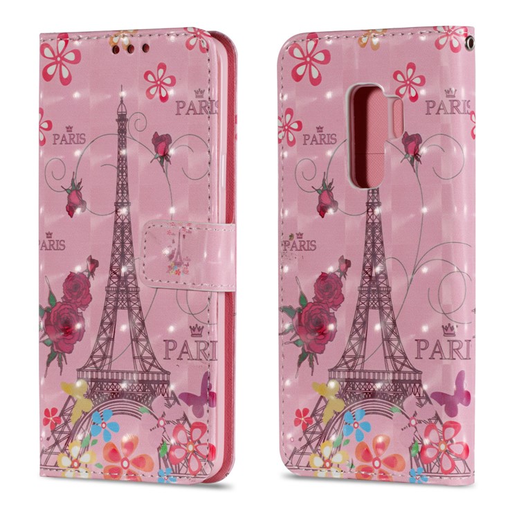 Pattern Printing Wallet Leather Stand Protection Shell for Samsung Galaxy S9 Plus - Effel Tower and Flower-2